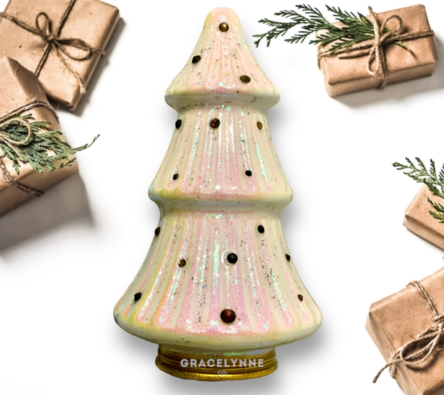 Glass Tree_white with pink to green shift and rhinestones