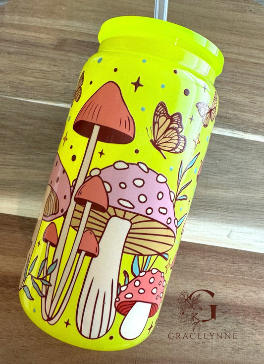 45. Retro Mushrooms - 16 oz Glass Neon Yellow