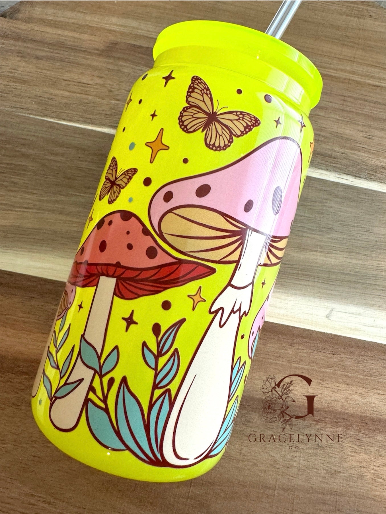 45. Retro Mushrooms - 16 oz Glass Neon Yellow