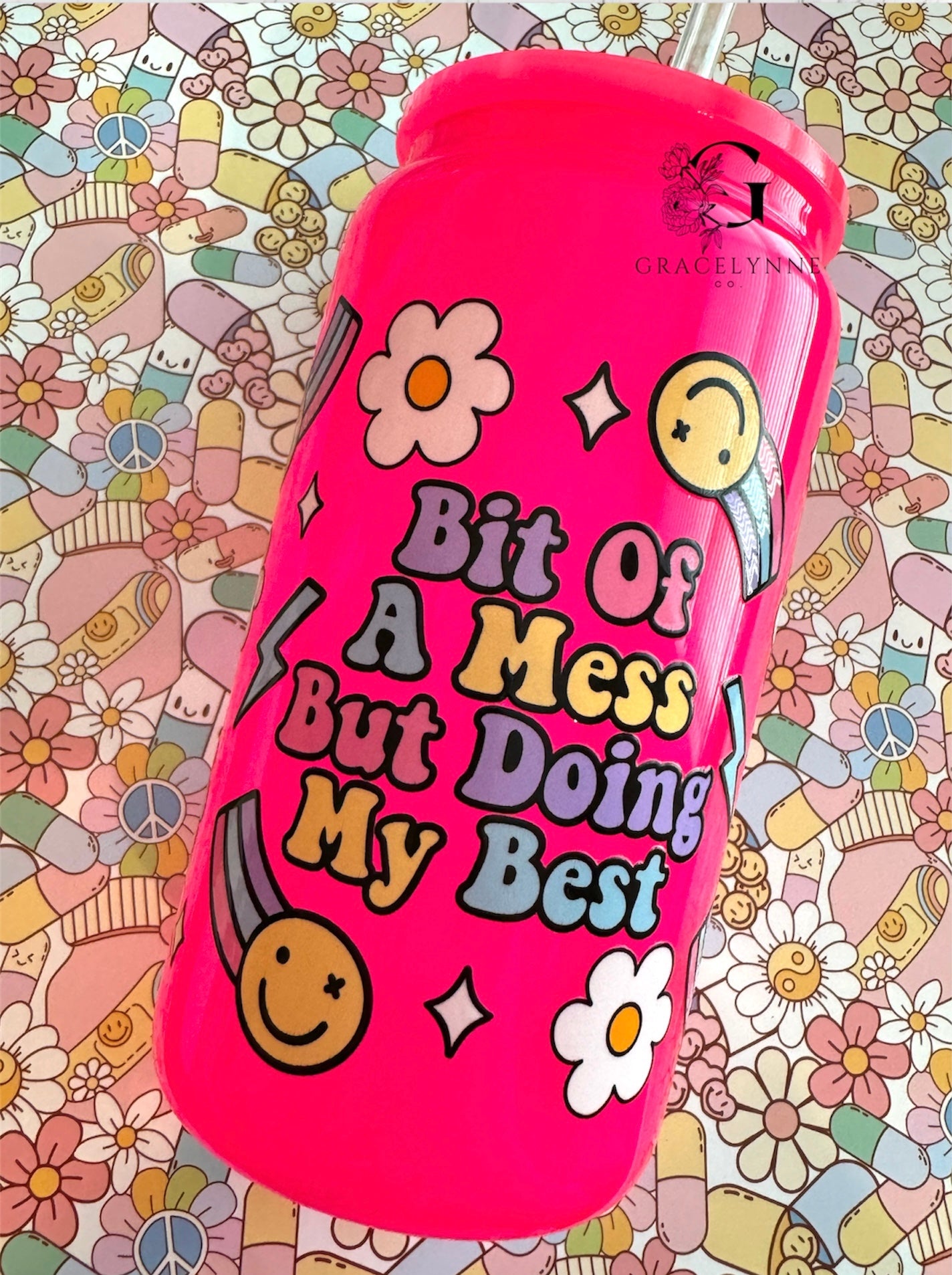 47. Not perfect - Doing My Best - 16 oz Glass Neon Pink
