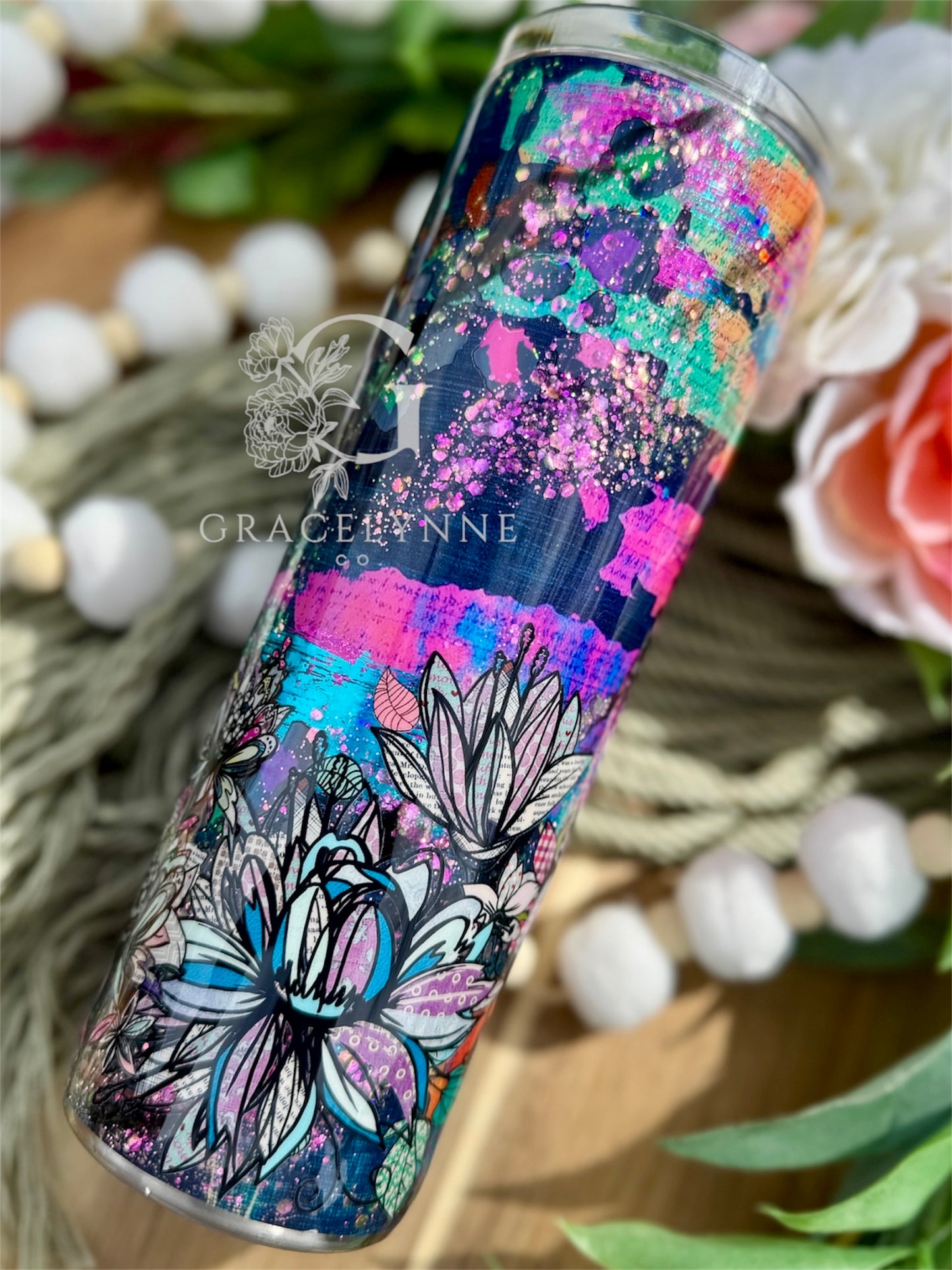 Neon leopard and flowers_20 oz Slim