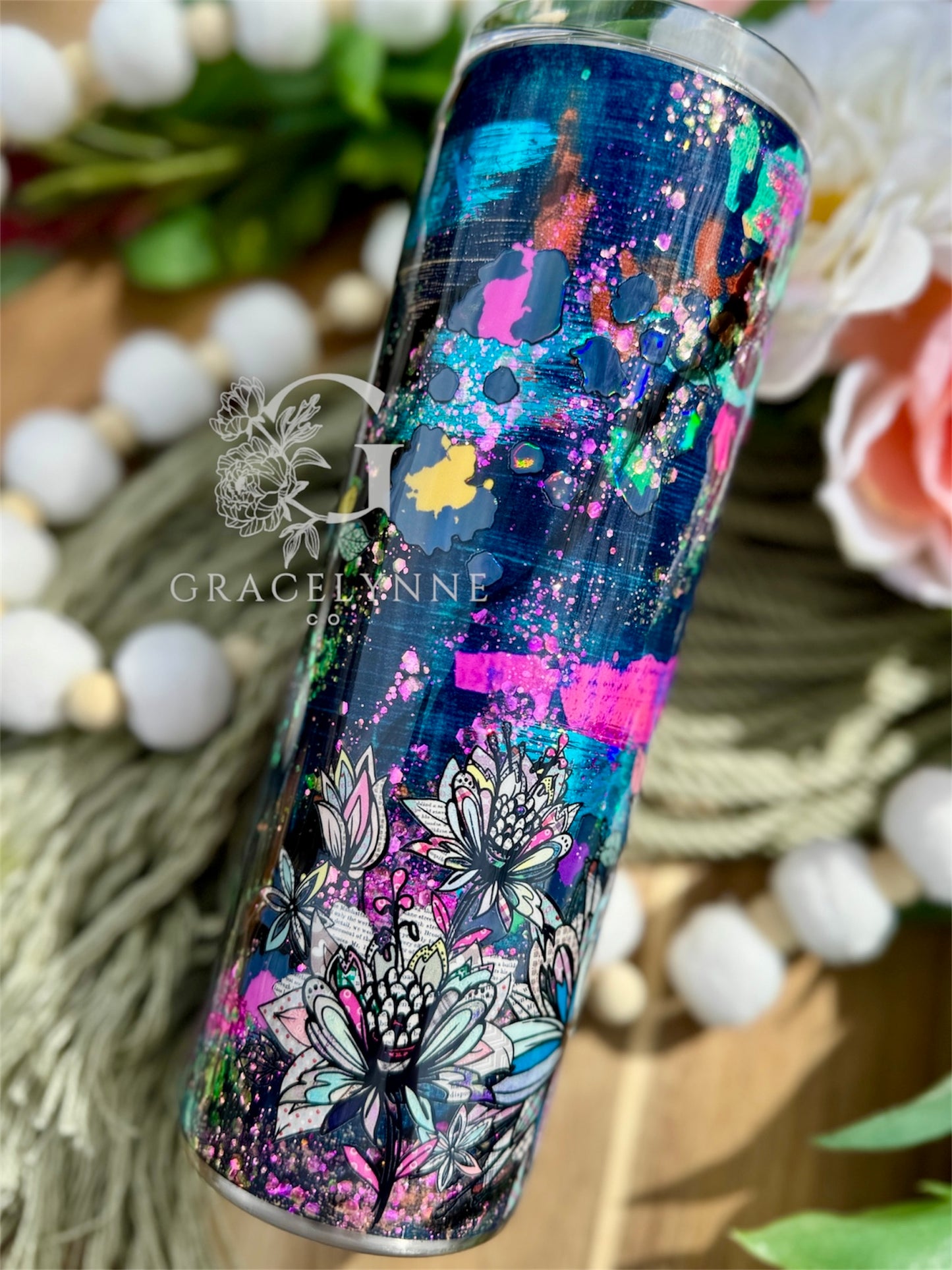 Neon leopard and flowers_20 oz Slim