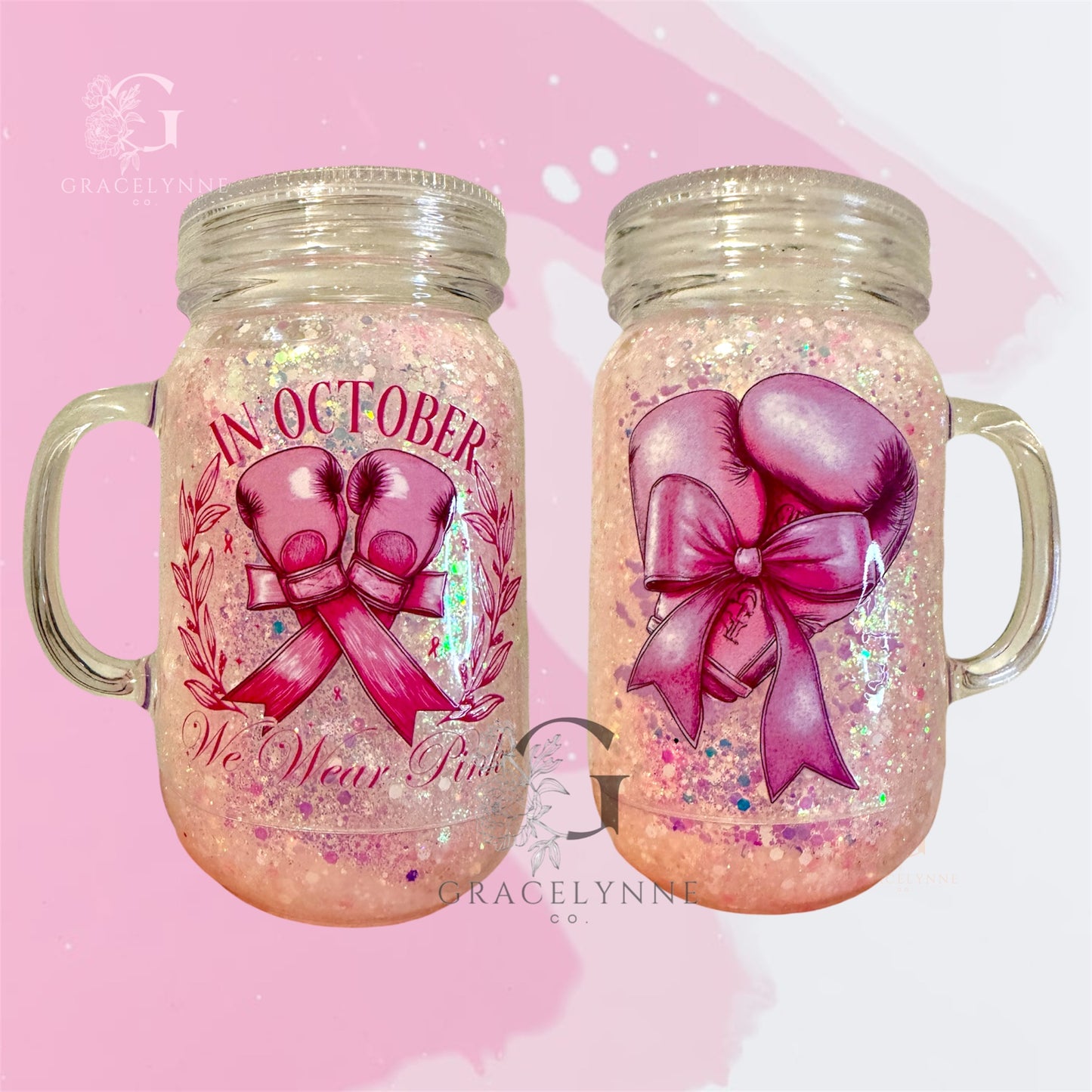 In October We Wear Pink- 15 oz Acrylic Mason Jar Snowglobe