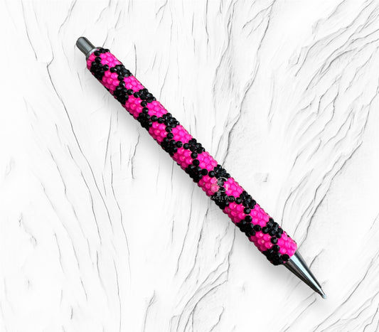 Pink and Black Retro Checkered Rhinestone Pen